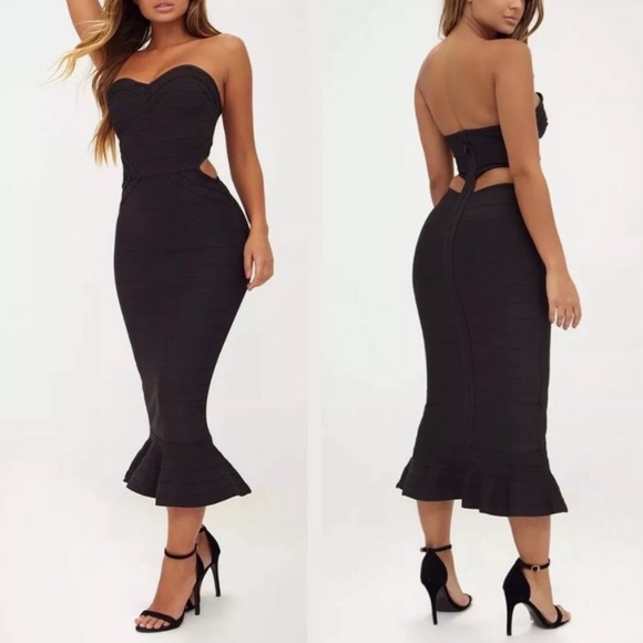 rose frill hem bandage midi dress